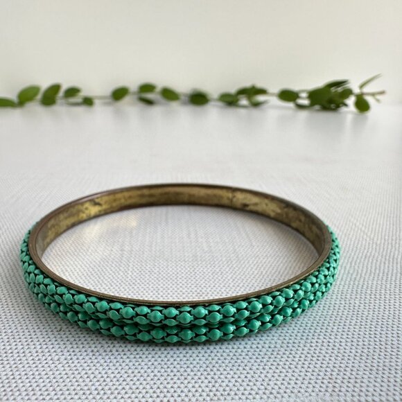 Vintage Brass Bangle with Green Metal Studs - Picture 7 of 8